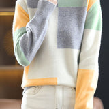 Casual Versatile Color-Block Patchwork Crew Neck Pullover Sweater - liwisi