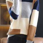 Casual Versatile Color-Block Patchwork Crew Neck Pullover Sweater - liwisi