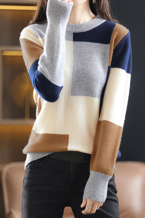 Casual Versatile Color-Block Patchwork Crew Neck Pullover Sweater - liwisi