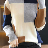Casual Versatile Color-Block Patchwork Crew Neck Pullover Sweater - liwisi