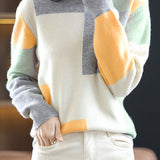Casual Versatile Color-Block Patchwork Crew Neck Pullover Sweater - liwisi