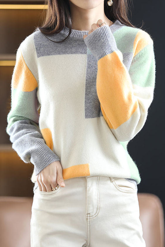 Casual Versatile Color-Block Patchwork Crew Neck Pullover Sweater - liwisi