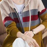 Casual Versatile Color-Block Hooded Zipper Knitted Cardigan