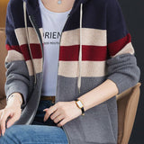 Casual Versatile Color-Block Hooded Zipper Knitted Cardigan