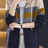 Casual Versatile Color-Block Hooded Zipper Knitted Cardigan