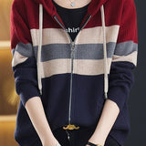 Casual Versatile Color-Block Hooded Zipper Knitted Cardigan