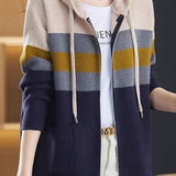 Casual Versatile Color-Block Hooded Zipper Knitted Cardigan