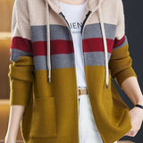Casual Versatile Color-Block Hooded Zipper Knitted Cardigan