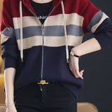 Casual Versatile Color-Block Hooded Zipper Knitted Cardigan