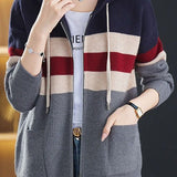 Casual Versatile Color-Block Hooded Zipper Knitted Cardigan