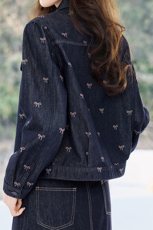 Casual Retro Bow-Print Lapel Denim Coat - liwisi