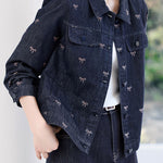 Casual Retro Bow-Print Lapel Denim Coat - liwisi