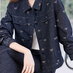 Casual Retro Bow-Print Lapel Denim Coat - liwisi