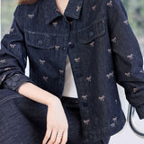 Casual Retro Bow-Print Lapel Denim Coat - liwisi