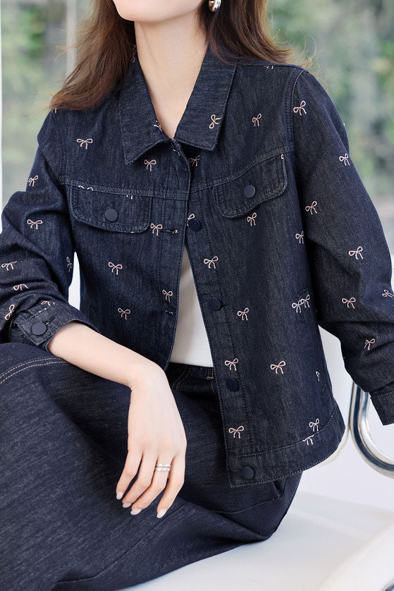Casual Retro Bow-Print Lapel Denim Coat - liwisi