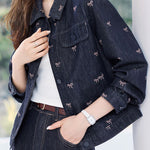 Casual Retro Bow-Print Lapel Denim Coat - liwisi