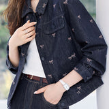 Casual Retro Bow-Print Lapel Denim Coat - liwisi