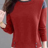 Casual Versatile Crew Neck Pullover Color-Block Knitted Top - liwisi