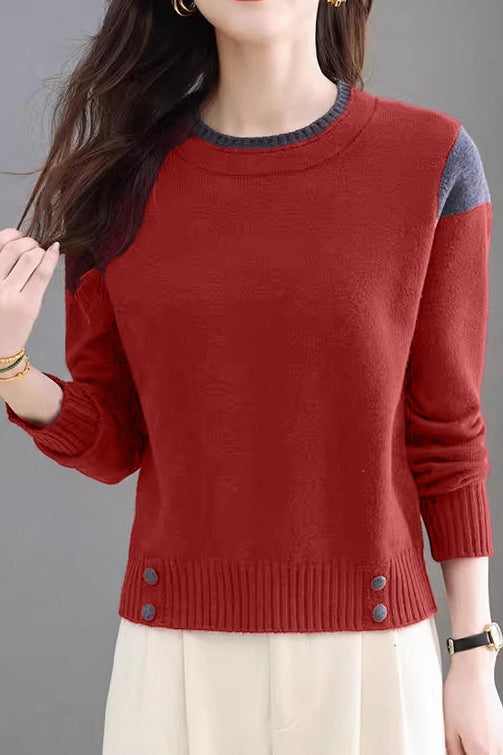 Casual Versatile Crew Neck Pullover Color-Block Knitted Top - liwisi
