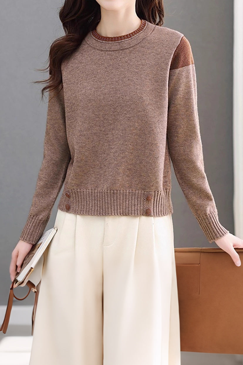 Casual Versatile Crew Neck Pullover Color-Block Knitted Top - liwisi