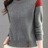 Casual Versatile Crew Neck Pullover Color-Block Knitted Top - liwisi