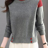 Casual Versatile Crew Neck Pullover Color-Block Knitted Top - liwisi