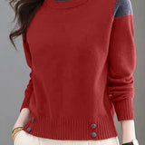 Casual Versatile Crew Neck Pullover Color-Block Knitted Top - liwisi