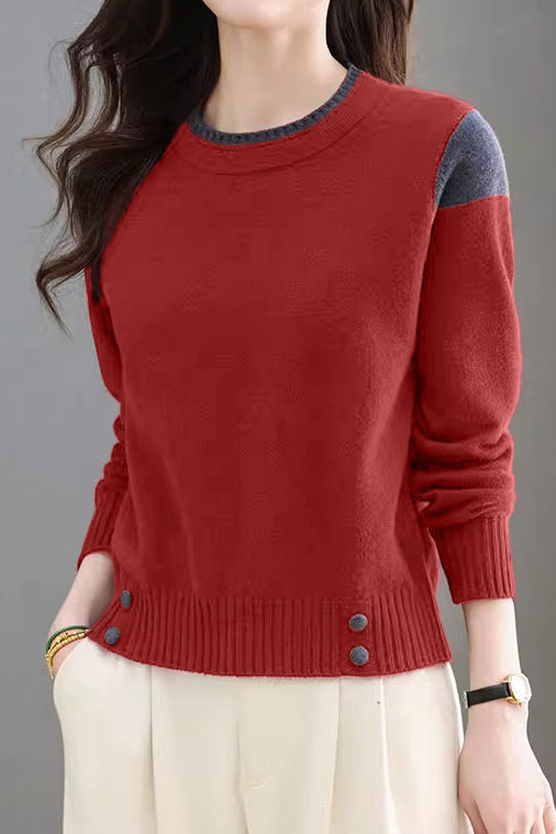 Casual Versatile Crew Neck Pullover Color-Block Knitted Top - liwisi