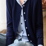 Casual Minimalist Color-Block Hooded Fake Two-Piece Knitted Cardigan