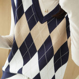 Casual Retro Argyle V-Neck Color-Block Knitted Vest