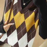 Casual Retro Argyle V-Neck Color-Block Knitted Vest