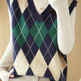 Casual Retro Argyle V-Neck Color-Block Knitted Vest