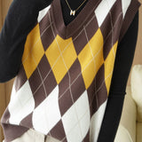 Casual Retro Argyle V-Neck Color-Block Knitted Vest