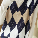 Casual Retro Argyle V-Neck Color-Block Knitted Vest