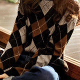 Casual Crew Neck Color-Block Argyle Pullover Knitted Top