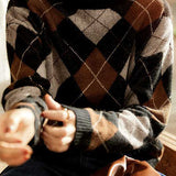 Casual Crew Neck Color-Block Argyle Pullover Knitted Top
