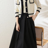 Elegant V-Neck Color-Block Cardigan A-Line Skirt 2-Piece Set
