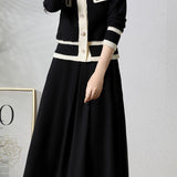 Elegant V-Neck Color-Block Cardigan A-Line Skirt 2-Piece Set