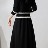 Elegant V-Neck Color-Block Cardigan A-Line Skirt 2-Piece Set