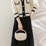 Elegant V-Neck Color-Block Cardigan A-Line Skirt 2-Piece Set