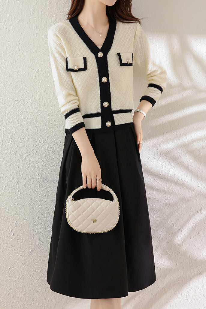 black dress white cardigan Elegant V-Neck Color-Block Cardigan A-Line Skirt 2-Piece Set