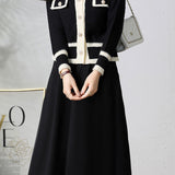 Elegant V-Neck Color-Block Cardigan A-Line Skirt 2-Piece Set