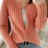 Casual Solid-Color Crew Neck Knitted Cardigan