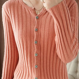 Casual Solid-Color Crew Neck Knitted Cardigan