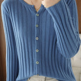 Casual Solid-Color Crew Neck Knitted Cardigan