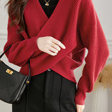 Casual Versatile V-Neck Solid-Color Knitted Top