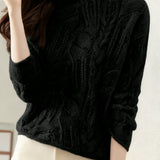 Casual Versatile Half-High Neck Hollow-Out Solid-Color Knitted Top