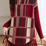 Casual Color-Block Plaid Fringed Pullover Sweater