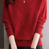 Casual Half-High Neck Diamond-Patterned Pullover Sweater