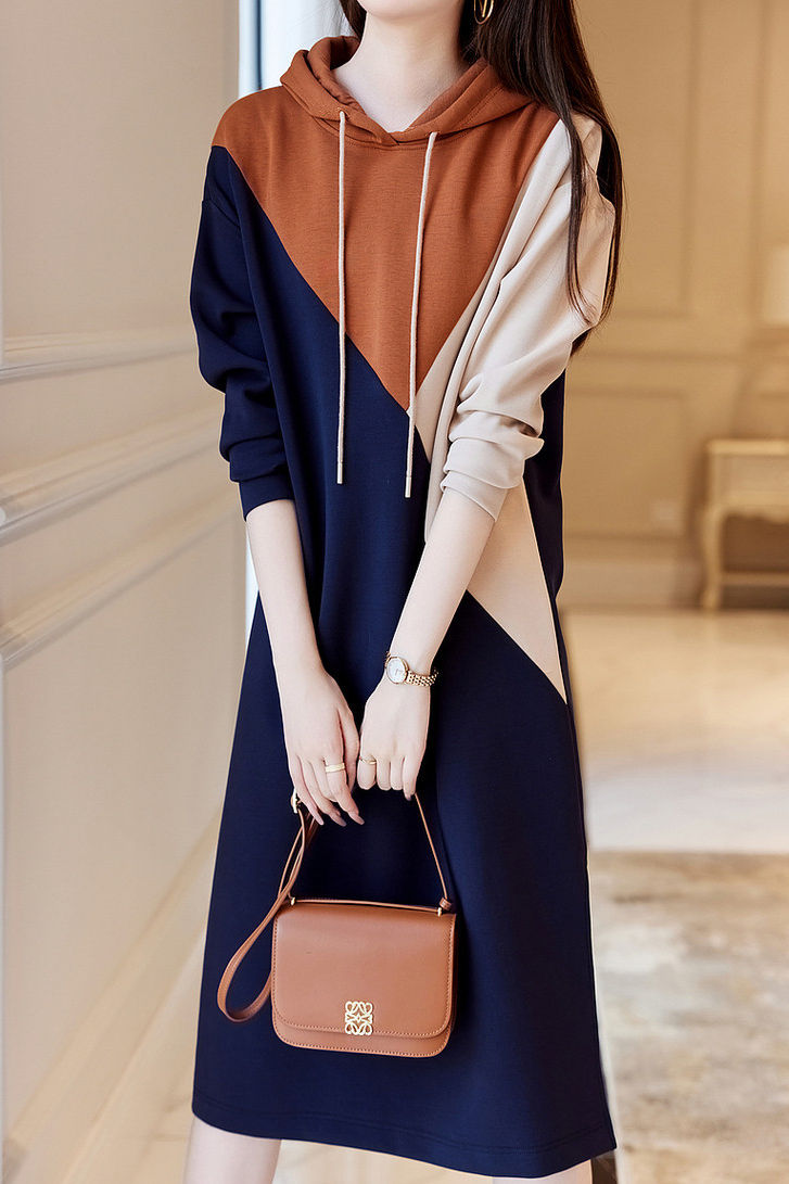 Casual Versatile Hooded Color-Block Straight Dress – liwisi